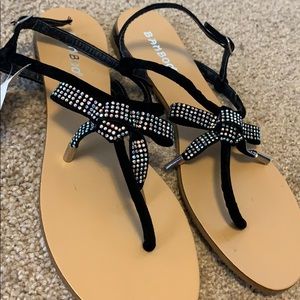 Bamboo Iridescent Rhinestone Velvet Bow Sandals